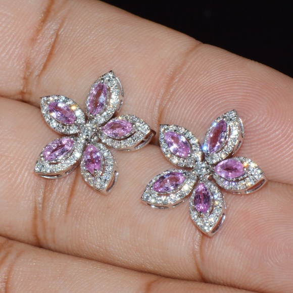 CERTIFIED NATURAL 2.36CTS VS F DIAMOND PINK SAPPHIRE 18K GOLD FLORAL EARRINGS - Picture 13 of 15